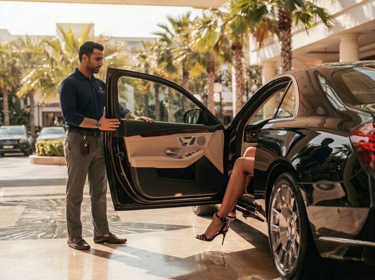 Valet opening a car door for a guest arriving at the hotel entrance